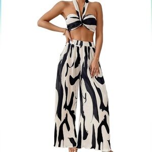 Women's 2 Piece Outfits Knitted Crop Halter Top & Wide Leg Pants Set